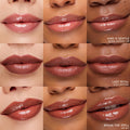Lips showcase nude-rose tones in a 3x3 grid, swatched on multiple skin tones to show glossy and satin finishes, highlighting ColourPop Kind at Heart Lip & Cheek Set pigmentation and shine in studio lighting.