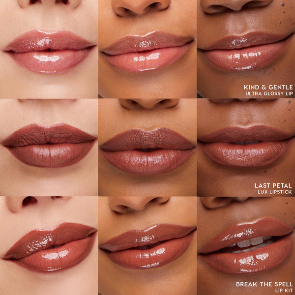 Lips showcase nude-rose tones in a 3x3 grid, swatched on multiple skin tones to show glossy and satin finishes, highlighting ColourPop Kind at Heart Lip & Cheek Set pigmentation and shine in studio lighting.