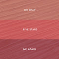 ColourPop Lippie Pencil Pinky Promise kit swatches display three shades in horizontal stripes: Oh Snap (soft nude pink) on top, Five Stars (warm rosy pink) in the middle, and Me Again (mauve berry) on bottom, shown on a textured smear.