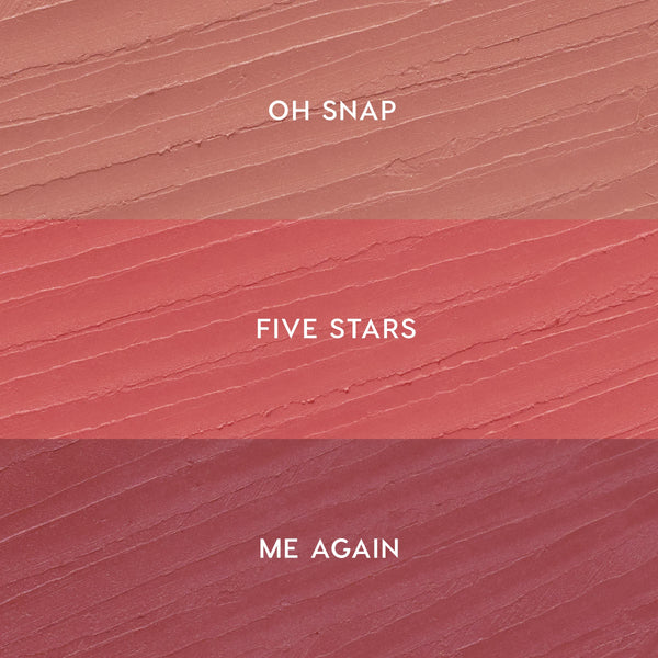 ColourPop Lippie Pencil Pinky Promise kit swatches display three shades in horizontal stripes: Oh Snap (soft nude pink) on top, Five Stars (warm rosy pink) in the middle, and Me Again (mauve berry) on bottom, shown on a textured smear.