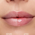 Close-up lips in a split-screen before-and-after: left side looks dry and matte, right side appears smoother with a pink, glossy finish after application, showcasing lip results from the As Old As Time ColourPop Shadow Palette, Cheek, & Lip Set.