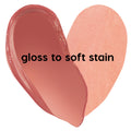Baby Fox ColourPop Lip Stain swatch forms a heart, demonstrating two finishes: left is a glossy rosy‑nude labeled 'gloss it,' right is a sheer peachy stain labeled 'stain it,' isolated on white.
