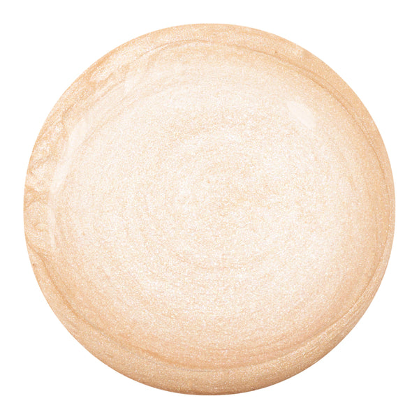 ColourPop Liquid Highlighter in Sugar Donut swatch forming a glossy round droplet, shimmering champagne-gold with fine pearlescent sparkle, showing a blendable dewy finish on a white background.