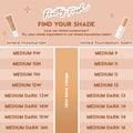 ColourPop Pretty Fresh shade finder charts the Complexion Bundle Face Set, mapping tinted moisturizer to tinted foundation balm: Medium 9W→Medium 9, 10N→11, 11N→11, 12W→12, Medium Dark 13W→13, 14W→14, 15W→14, 16N→16 on a peach background.