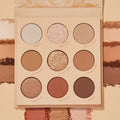 ColourPop Blushing Nude shadow palette set opens to nine neutral pans - matte and shimmer shades like Bluffin’, Wink Wink, and The Cocoa - shown with coordinating swatches surrounding the compact in warm beige, rose, and cocoa tones.