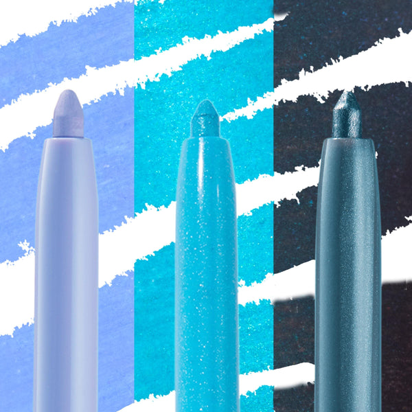 Three Out of the Blue ColourPop Crème Gel Liner pencils stand tip-up, showing pastel periwinkle, shimmer aqua, and deep teal tips over matching swatch backdrops with white streaks, highlighting creamy twist-up eyeliner pigment and smooth payoff.