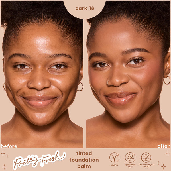 ColourPop Pretty Fresh Tinted Foundation Balm shade Dark 18 demonstrating a side-by-side before-and-after on a model’s face, smoothing and evening skin for a hydrated, natural finish; vegan, hyaluronic acid, dermatologist tested.
