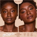ColourPop Pretty Fresh Tinted Foundation Balm in Deep Dark 22 demonstrating coverage on a model with a side-by-side before and after; the after shows smoother, radiant, even tone; Pretty Fresh branding with vegan, hyaluronic acid, dermatologist-tested icons.