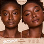 ColourPop Pretty Fresh Tinted Foundation Balm in Deep Dark 22 demonstrating coverage on a model with a side-by-side before and after; the after shows smoother, radiant, even tone; Pretty Fresh branding with vegan, hyaluronic acid, dermatologist-tested icons.