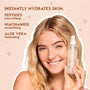 ColourPop Pretty Fresh Setting Spray “Lock It In” bottle held by a smiling model, clear pump visible; callouts highlight instant hydration with peptides, niacinamide, and aloe vera on a peach backdrop, setting makeup for lasting fresh skin.