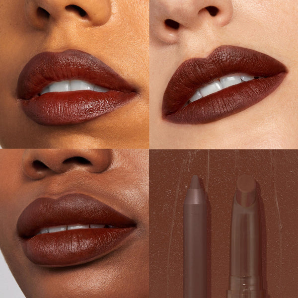 Lip Service ColourPop Lippie Stix + Pencil Set defining lips in a rich chocolate-brown shade across three close-ups, with the matching lip pencil and Lippie Stix shown on a brown swatch background in a four-panel grid.