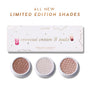 ColourPop Coconut Cream and Soda Super Shock Shadow kit showing three shimmery neutral eyeshadows in white round pans beneath a white limited edition palette box with gold lettering and drink graphics on a clean white background.