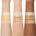 Three arms in light, medium, and deep skin tones display swatches of the Sweet Sips full collection set Super Shock Shadow shades Whisk It All, Double Matcha, and Thanks So Mochi, showing shimmery champagne and golden hues side by side.