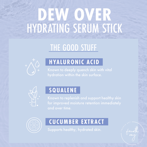 Dew Over Hydrating Serum Stick infographic highlights hyaluronic acid, squalene, and cucumber extract benefits on a rippled blue background with Fourth Ray Beauty branding, part of the Best Face Scenario ColourPop Face Set.
