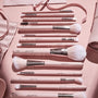 Smoke 'N Roses Brush Roll displaying a ColourPop Makeup Brush Kit: blush pink handled face and eye brushes - powder, blush, blending, liner, and spoolie - with white bristles and chrome ferrules, laid beside a soft pink roll-up case on a matching backdrop.