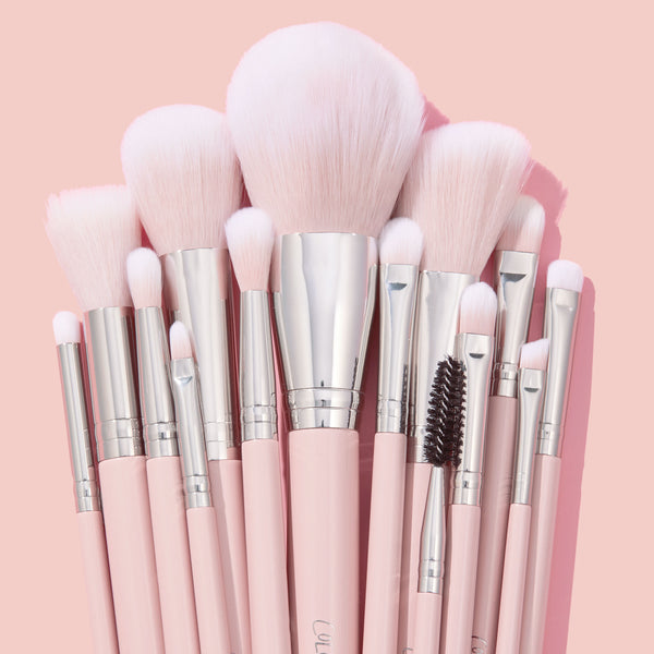 Smoke 'N Roses Brush Roll, a ColourPop Makeup Brush Kit, arranged upright with fluffy pink-and-white bristles and blush pink handles with silver ferrules, featuring powder, blush, shader, and spoolie brushes against a soft pink backdrop.