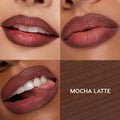 ColourPop So Juicy Plumping Lip Liner with Peptides in Mocha Latte defines and plumps lips - three close-up swatches show the rich mocha-brown shade on lips, next to a matching smear swatch labeled "MOCHA LATTE."