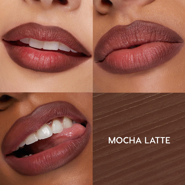 ColourPop So Juicy Plumping Lip Liner with Peptides in Mocha Latte defines and plumps lips - three close-up swatches show the rich mocha-brown shade on lips, next to a matching smear swatch labeled "MOCHA LATTE."