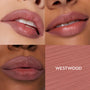 ColourPop So Juicy Plumping Lip Liner with Peptides in Westwood defining and filling lips, showcasing a plumped dusty-rose finish on three skin tones beside a close-up textured swatch labeled WESTWOOD.