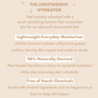 The Lightweight ColourPop Face Moisturizer delivers quick-absorbing, oil-free hydration for supple, makeup-ready skin; 98% naturally derived with plant-based squalane; free of harsh chemicals, fragrance, and dyes; beige infographic showcases benefits.