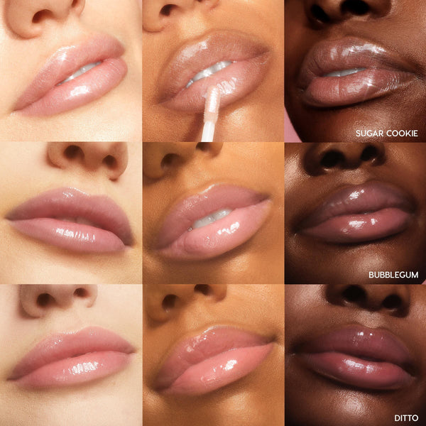 Lips wearing ColourPop Ultra Glossy Lip Tickled Pink bundle, swatched in a 3x3 grid across multiple skin tones; gloss applied with a doe-foot in one panel; shades Sugar Cookie, Bubblegum, and Ditto labeled, showcasing a high-shine finish.