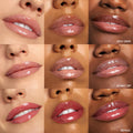 ColourPop Lux Lip Oil Top Hits swatches slick shine across nine close-up lips in a 3x3 grid, showing sheer nudes to rosy tints; shade names Dew Drop, Skinny Dip, and Bengal appear, highlighting a hydrating, high-shine finish on varied skin tones.