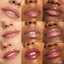 ColourPop Lux Lip Oil Top Hits swatches slick shine across nine close-up lips in a 3x3 grid, showing sheer nudes to rosy tints; shade names Dew Drop, Skinny Dip, and Bengal appear, highlighting a hydrating, high-shine finish on varied skin tones.