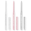 Total Essentials ColourPop Crème Gel Liner trio stands uncapped, displaying retractable tips in white, soft pink, and metallic silver with matching doodle-print caps alongside, studio-lit on a white background.
