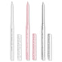Total Essentials ColourPop Crème Gel Liner trio stands uncapped, displaying retractable tips in white, soft pink, and metallic silver with matching doodle-print caps alongside, studio-lit on a white background.