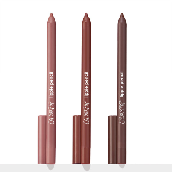 Triple Latte ColourPop Lippie Pencil trio standing upright, three creamy nude-brown lip liners - light latte, warm mocha, and deep espresso - with caps at the base, displayed on a white background for precise lip lining.