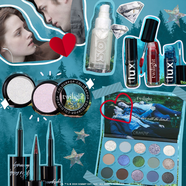 Twilight x ColourPop Full Collection set featuring shimmery eyeshadow palette, highlighters, glitter eyeliners, SOS setting spray, and Lux lip oils arranged on a teal background with Twilight movie scenes and heart doodles, promoting Twilight ColourPop makeup.