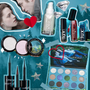Twilight x ColourPop Full Collection set featuring shimmery eyeshadow palette, highlighters, glitter eyeliners, SOS setting spray, and Lux lip oils arranged on a teal background with Twilight movie scenes and heart doodles, promoting Twilight ColourPop makeup.