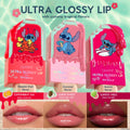 ColourPop Ultra Glossy Lip Experiment 626 delivers a sheer coral-red, passion fruit–flavored shine, shown in a popsicle-shaped tube with Stitch artwork and a lip swatch, from the Disney Lilo & Stitch collection on an aqua background.