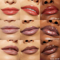 Glossy lips showcase three lip oil shades - Bells (warm red), Team Edward (cool mauve), and Team Jacob (deep cocoa) - applied across diverse skin tones in a 3x3 grid, highlighting shine from the Twilight x ColourPop Full Collection, a ColourPop Full Collection Set.