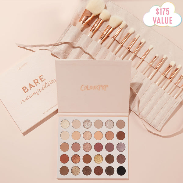 Doin’ the Most ColourPop Shadow Palette & Brush Set featuring the Bare Necessities 30‑pan neutral palette open with matte and shimmer nudes to deep browns, paired with a blush brush roll of white, rose‑gold brushes on a soft pink background with $175 value badge.