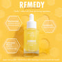 Fourth Ray Beauty Remedy 10% niacinamide face serum stands centered with a white dropper cap, highlighted by hexagon callouts for niacinamide, hyaluronic hydration, and calendula flower on a bright yellow backdrop, featured in the So Refined ColourPop Face Set.
