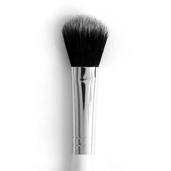 ColourPop Small Fluff Brush makeup brush blending and diffusing eyeshadow with soft black-to-gray bristles, set in a shiny silver ferrule and white handle, shown close-up on a clean white background.