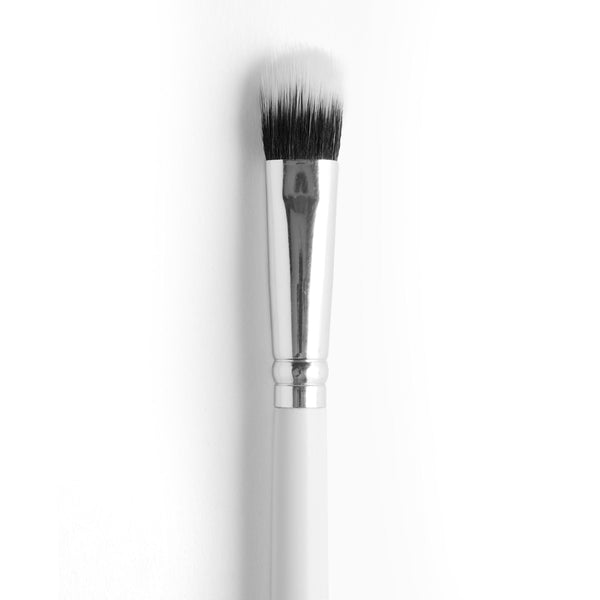 ColourPop Mini Duo Fiber Face Brush makeup brush shown upright, black-to-white synthetic bristles with a polished silver ferrule and white handle, close-up on a clean white background.