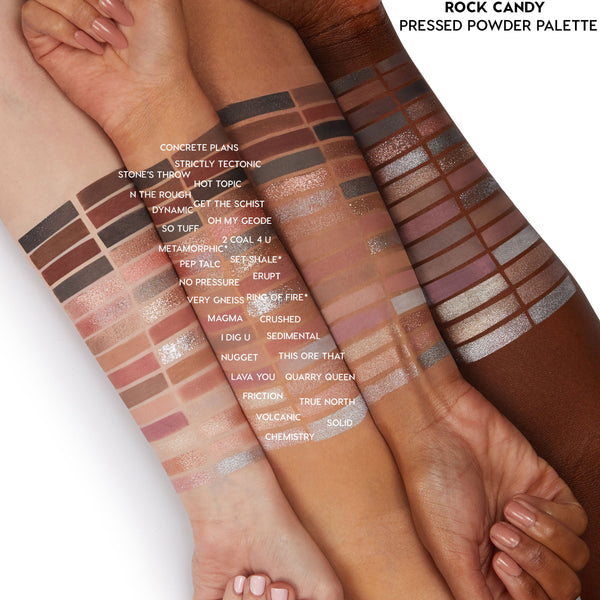 Major Eye Candy ColourPop Shadow Palette & Brush Set swatches sweep across three skin tones, showing matte and metallic neutrals - taupe, rose, bronze, and silver - on a white backdrop with shade names labeled.