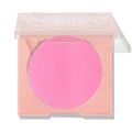 Prairie Air ColourPop Pressed Powder Blush presenting a vivid cool‑toned pink round pan in a pastel peach square compact with a clear, half‑closed lid, shown against a white background for a clean product shot.