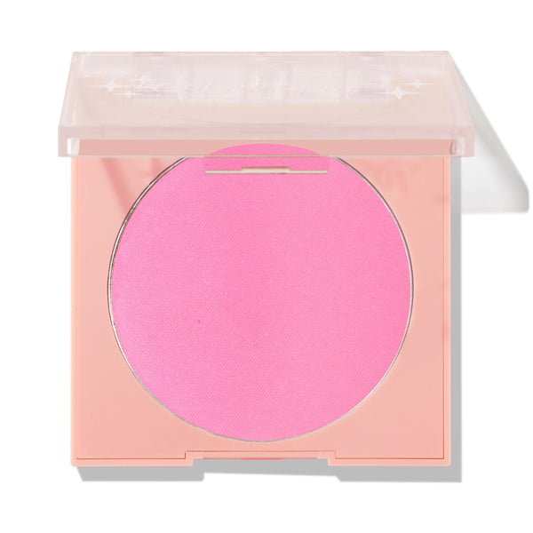 Prairie Air ColourPop Pressed Powder Blush presenting a vivid cool‑toned pink round pan in a pastel peach square compact with a clear, half‑closed lid, shown against a white background for a clean product shot.