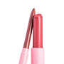 Glazed Pout lip duo standing upright - rosy pink balm bullet and nude brown twist-up liner with pastel pink tubes - caps off on a white background; ColourPop So Juicy Plumping Lip Liner & Balm Set for glossy, defined lips.