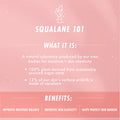 Squalane 101 graphic explains The Daily Face Cream face moisturizer by ColourPop, highlighting plant-derived squalane from sugarcane that boosts moisture balance, improves skin elasticity, and helps protect the skin barrier on a soft pink backdrop.
