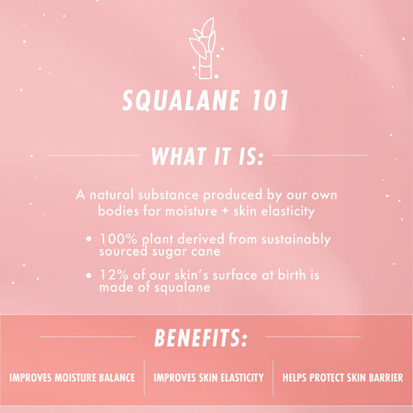 Squalane 101 graphic explains The Daily Face Cream face moisturizer by ColourPop, highlighting plant-derived squalane from sugarcane that boosts moisture balance, improves skin elasticity, and helps protect the skin barrier on a soft pink backdrop.