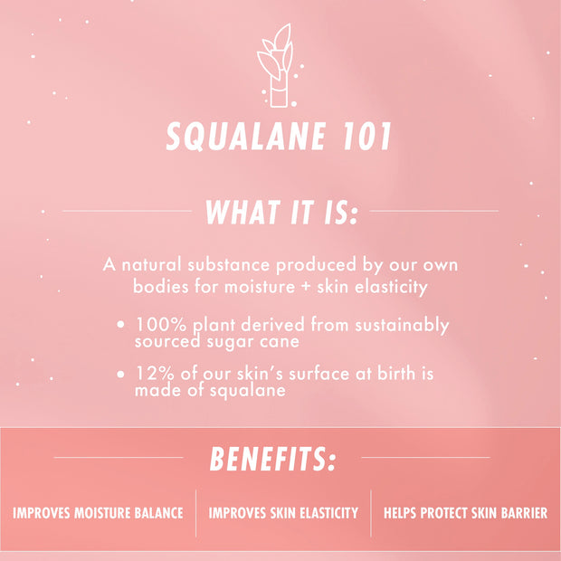Squalane 101 graphic explains The Daily Face Cream face moisturizer by ColourPop, highlighting plant-derived squalane from sugarcane that boosts moisture balance, improves skin elasticity, and helps protect the skin barrier on a soft pink backdrop.