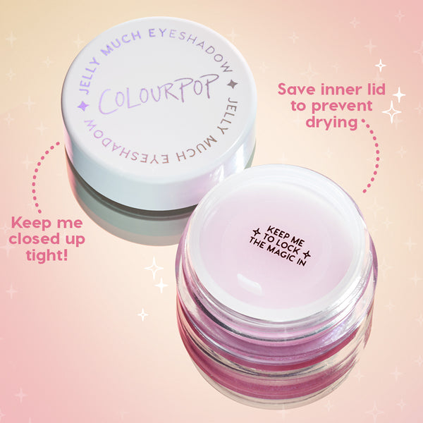Open jar of ColourPop Jelly Much Shadow Super Cool displays shimmery lilac jelly pigment beside its white cap; inner lid says "Keep me to lock the magic in," with callouts to keep closed and save inner lid to prevent drying on a pink starry backdrop.