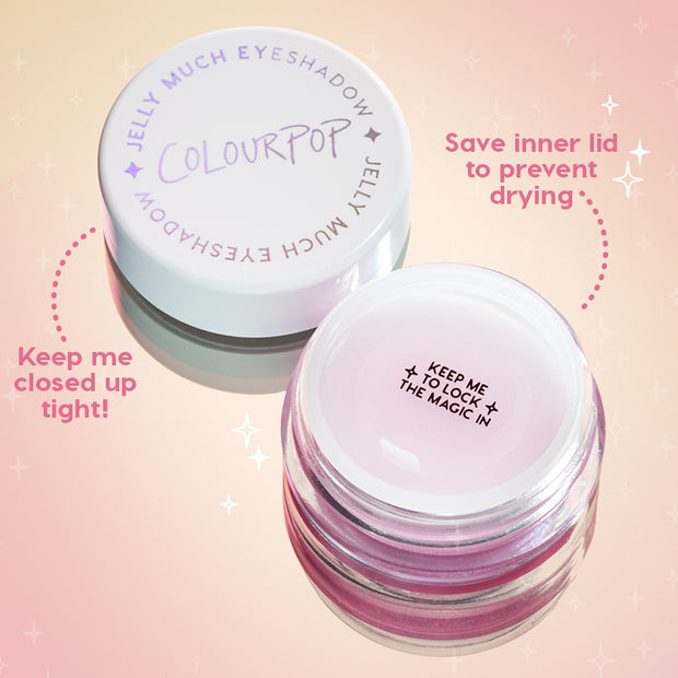 Open jar of ColourPop Jelly Much Shadow Super Cool displays shimmery lilac jelly pigment beside its white cap; inner lid says "Keep me to lock the magic in," with callouts to keep closed and save inner lid to prevent drying on a pink starry backdrop.