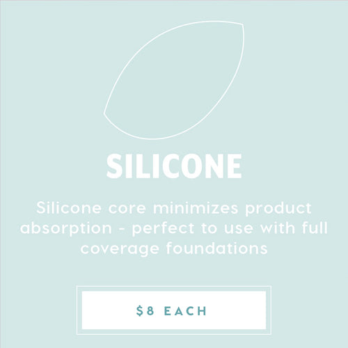 Silicone Blending Sponge - clear, leaf-shaped makeup sponge with a silicone core that minimizes product absorption, ideal for full-coverage foundation; promo graphic lists $8 each, featured in ColourPop Makeup Tools & Accessories.