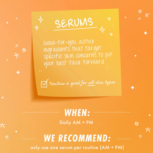 Sticky note titled 'Serums' summarizing benefits and usage, advising daily AM + PM and one serum per routine, with a check for all skin types; orange, starry background - promo card for RAYdiate Vitamin C Serum, a ColourPop Face Serum.