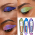 ColourPop Feelin’ Bold chrome liquid shadow swiped on lids - blue‑violet Morpho applied with a doe‑foot, lime‑green See U Later wing, and pink‑purple Same Vibe - shown beside three tubes over matching iridescent swatches.